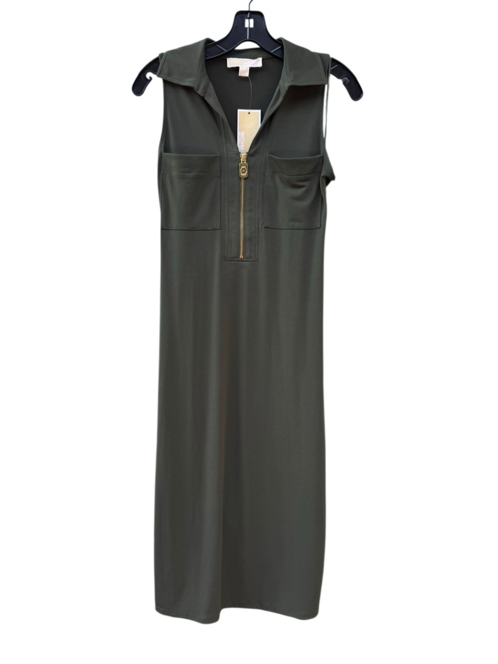 NWT Michael Michael Kors Sleeveless Collar 1/4 Zip Midi Dress in Olive Green XS